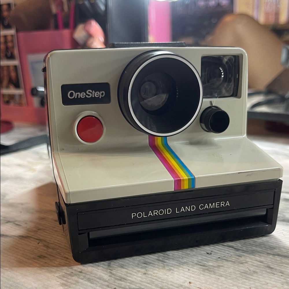 Polaroid OneStep Land Camera - White with Rainbow Stripe